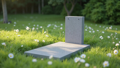 Wall Mural - Gravestone on green grass with daisies in a serene garden