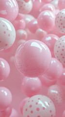 Wall Mural - The image features a vibrant scene of numerous pink and white spheres with polka dots floating against a soft pink background