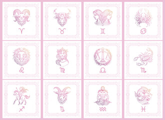 a set of zodiac sign cards in pastel colors. outline signs of the astrological horoscope. icons, tem