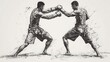 © Christian Bunge - two man exercising thai boxing, black and white drawing, white background, 16:9