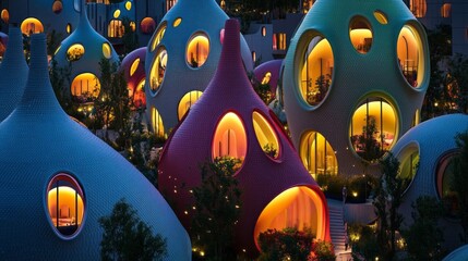 Poster - Exploring an imaginative city filled with uniquely shaped buildings resembling colorful drops. Soft lights glow from within, creating a magical ambiance against the twilight sky