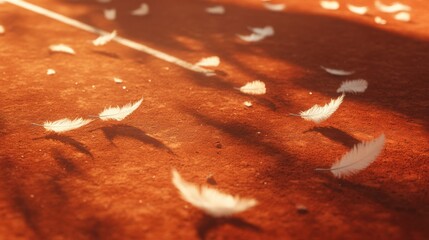 Poster - Delicate white feathers scattered on a warm orange tennis court surface.
