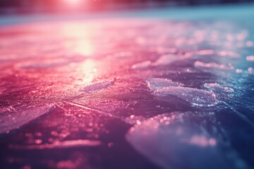 Poster - Close-up of an icy surface reflecting warm light in shades of pink and blue.
