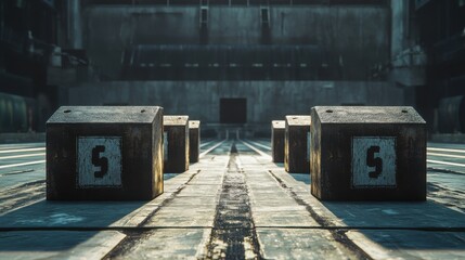 Poster - A set of numbered blocks in a modern industrial setting, creating a sense of depth and structure.