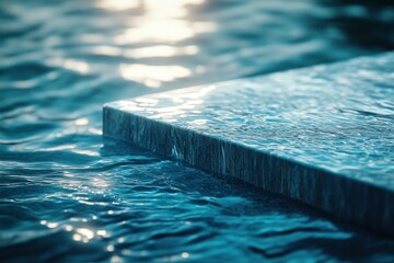 Poster - Close-up of a reflective surface partially submerged in calm blue water, creating a serene atmosphere.