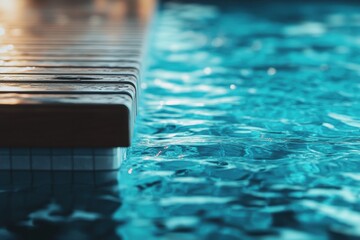 Poster - Serene poolside view with shimmering blue water and a wooden edge, creating a tranquil atmosphere.