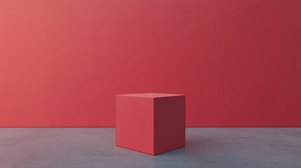 Poster - Red cube standing on gray floor in front of red wall