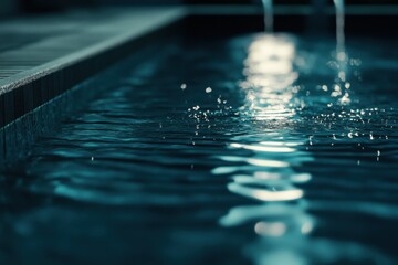 Poster - Close-up of tranquil water surface in a pool reflecting light, creating a serene nighttime ambiance.