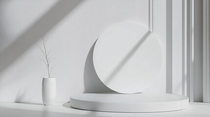 Poster - White minimalist cylinder podium with round backdrop and dry branches for product demonstration