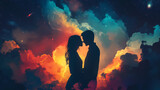 A young couple in love at night against the backdrop of colorful clouds, generative ai. Stormlit. Illustration