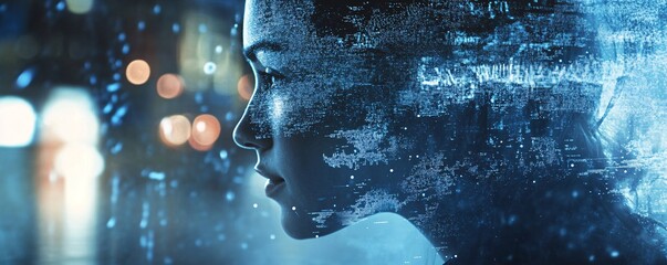 Poster - Woman emerging from futuristic data stream in rainy city