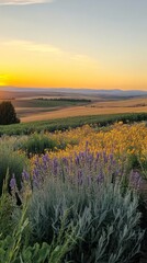 Poster - As the sun sets, golden light bathes expansive fields dotted with fragrant lavender and colorful wildflowers. Nature's palette transforms the horizon into a romantic masterpiece of colors
