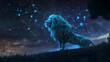 © Thiago - A celestial lion constellation guards the night sky, connect blue dot into a form of lion. Stormlit. Illustration