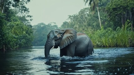 Wall Mural - African forest elephant crossing a river in the rainforest