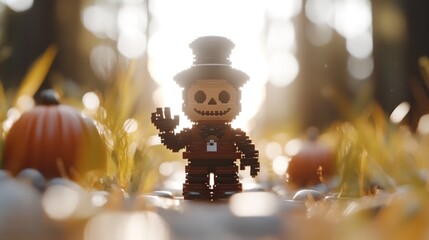 Wall Mural - Cute pixelated skeleton character in a top hat, standing amidst autumnal pumpkins and grass, bathed in sunlight.