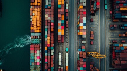 Poster - Cargo ship docking and unloading colorful containers at a busy port
