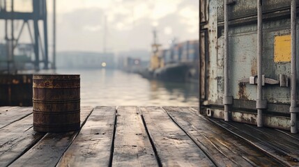 Poster - Rusty can and shipping container on a wharf at a port with cranes and ships