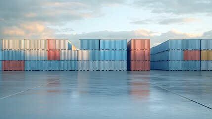 Poster - Cargo containers stacked high in shipping yard at sunset