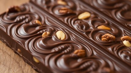 Close-up of a delicious dark chocolate bar with swirls and crunchy nuts, creating a rich and inviting texture and flavor.