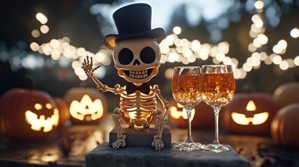 Wall Mural - Cute skeleton with top hat and bowtie sits amongst jack-o'-lanterns and drinks.