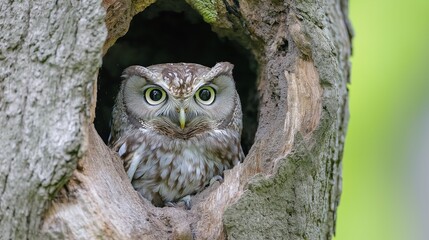 a small owl is sitting in a hole in a tree