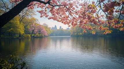 Aufkleber - Blossoming trees frame a tranquil lake, reflecting vibrant pink and green hues. This peaceful location invites contemplation, surrounded by gentle whispers of nature and bright sunlight