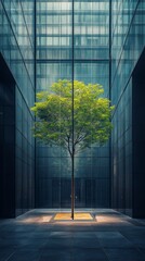 Aufkleber - In a stark urban setting, a vibrant tree grows centrally surrounded by sleek glass walls. Sunlight filters down, highlighting its vivid greenery amidst the concrete