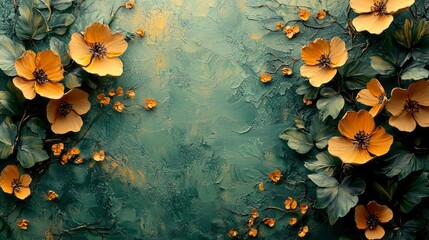 Poster - Hand-painted textured background features a rich blend of greens adorned with bright yellow flowers and delicate blossoms. Nature's beauty captured in artistic expression brings warmth and richness