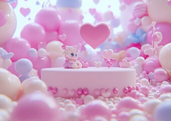 Poster - Valentine's Day, Mother's Day, and wedding-appropriate pink podium with hearts and floating clouds. Designed as a cosmetic presentation stand. This mock-up doubles as a pedestal or platform for