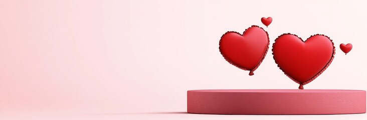 Poster - A 3D background for Valentine's Day with a realistic pink, red, and white cylinder pedestal podium. The design features a heart-shaped balloon and modern geometric forms, ideal for mockup product