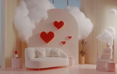 Poster - Heart-shaped red balloons floating against a pink backdrop on a podium for Valentine's Day