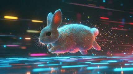 Wall Mural - Digital rabbit leaping through a vibrant, futuristic landscape of glowing lines and particles.