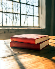 Poster - Elegant Arrangement of Three Books on a Wooden Table Bathed in Warm Sunlight