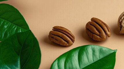Poster - Textures of Nature With Pecans and Green Leaves on a Soft Beige Surface