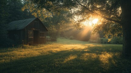 Aufkleber - Golden rays of sunlight filter through trees, illuminating a weathered barn in a tranquil setting. The atmosphere is peaceful, evoking pastoral charm and timeless beauty as day transitions to night