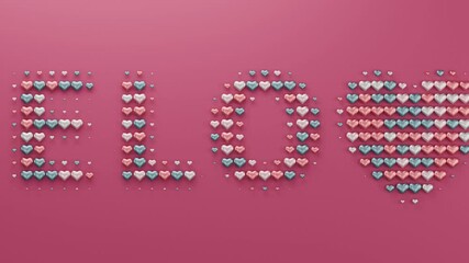 Poster - 3d rendering of a variety of love symbols, hearts on discs of different sizes and colors form a large text 