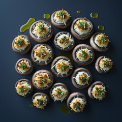 Wall Mural - Perfectly arranged floating stuffed mushrooms 