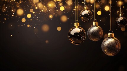 Poster - Glittering gold and silver Christmas ornaments hang against a dark backdrop, creating a festive and glamorous atmosphere.
