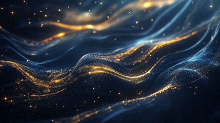 Aufkleber - A mesmerizing abstract image of flowing waves with golden sparkles on a deep blue background, creating a sense of depth and tranquility.