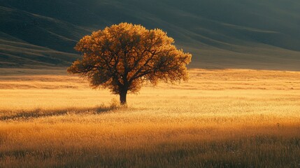Poster - A lone tree rises gracefully in a vast meadow, surrounded by golden grasses that sway gently in the breeze. The warm hues of sunset envelop the landscape, creating a serene atmosphere