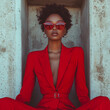 © AS Photo Family - Confident woman in red pantsuit and glasses posing in an urban setting