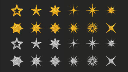 Wall Mural - Gold and silver star icon set. Glitter shiny textured stars isolated on black background for your design. Achievement icons. Vector EPS 10