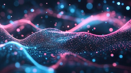 Aufkleber - Abstract digital waves with pink and blue particles create a vibrant, flowing pattern in a futuristic atmosphere.