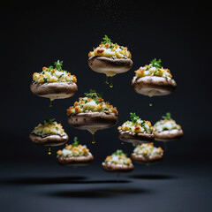 Wall Mural - Perfectly arranged floating stuffed mushrooms 