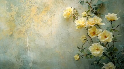 Poster - Delicate yellow roses intertwine with soft green leaves, creating a gentle floral display. The muted pastel background enhances the serene atmosphere, inviting a peaceful ambiance