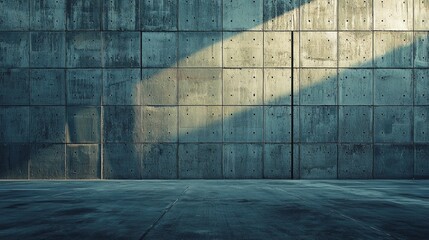 Poster - A vast wall made of concrete blocks showcases the beauty of texture and light. Soft sunlight streams in, creating striking shadows and highlighting the architectural elements of the structure