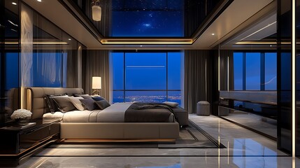 Wall Mural - A luxury bedroom featuring a glass ceiling with a view of the night sky and a sleek marble floor 