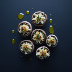 Wall Mural - Perfectly arranged floating stuffed mushrooms 