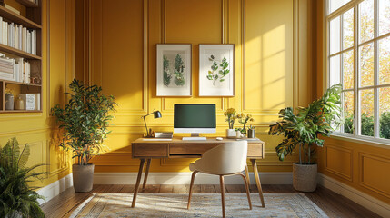 Poster - A luxurious home office features butter yellow walls and abundant greenery, inviting natural light through large windows. Elegant artwork and a chic desk enhance the creative atmosphere