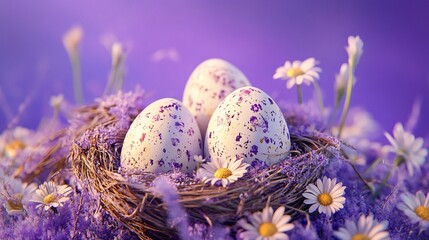 A beautiful nest containing three speckled eggs, surrounded by delicate daisies and vibrant purple flowers, evoking a serene spring atmosphere.